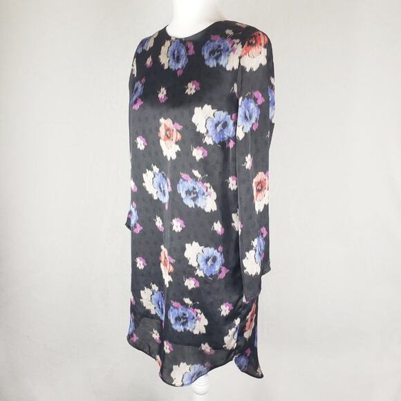 Topshop Shift Dress Women 6 Floral Black Blue Pink High Low Tunic Long Sleeve - Picture 3 of 10